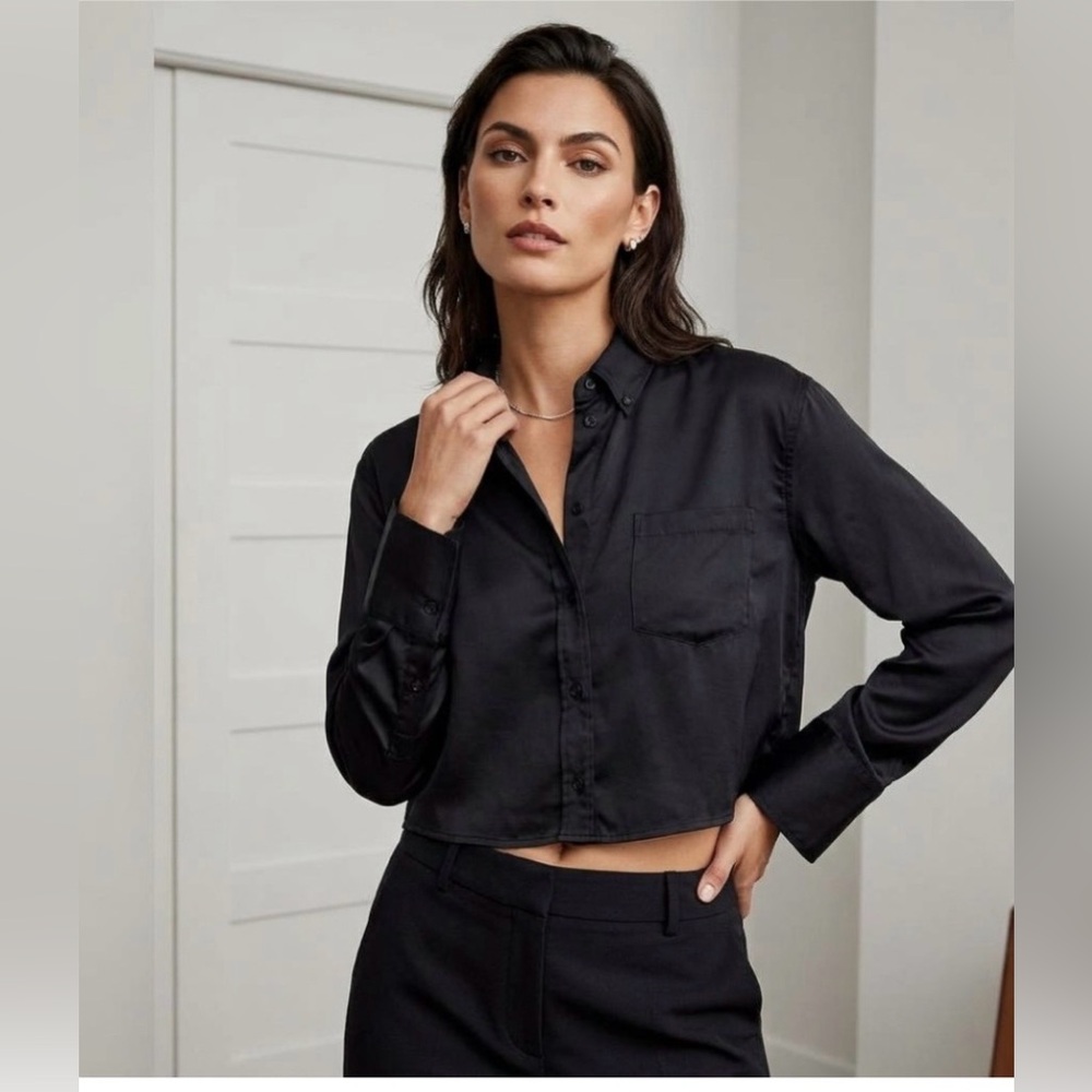 Madewell Black Cropped Semi Cropped button down Shirt with Chest Pocket Cotton